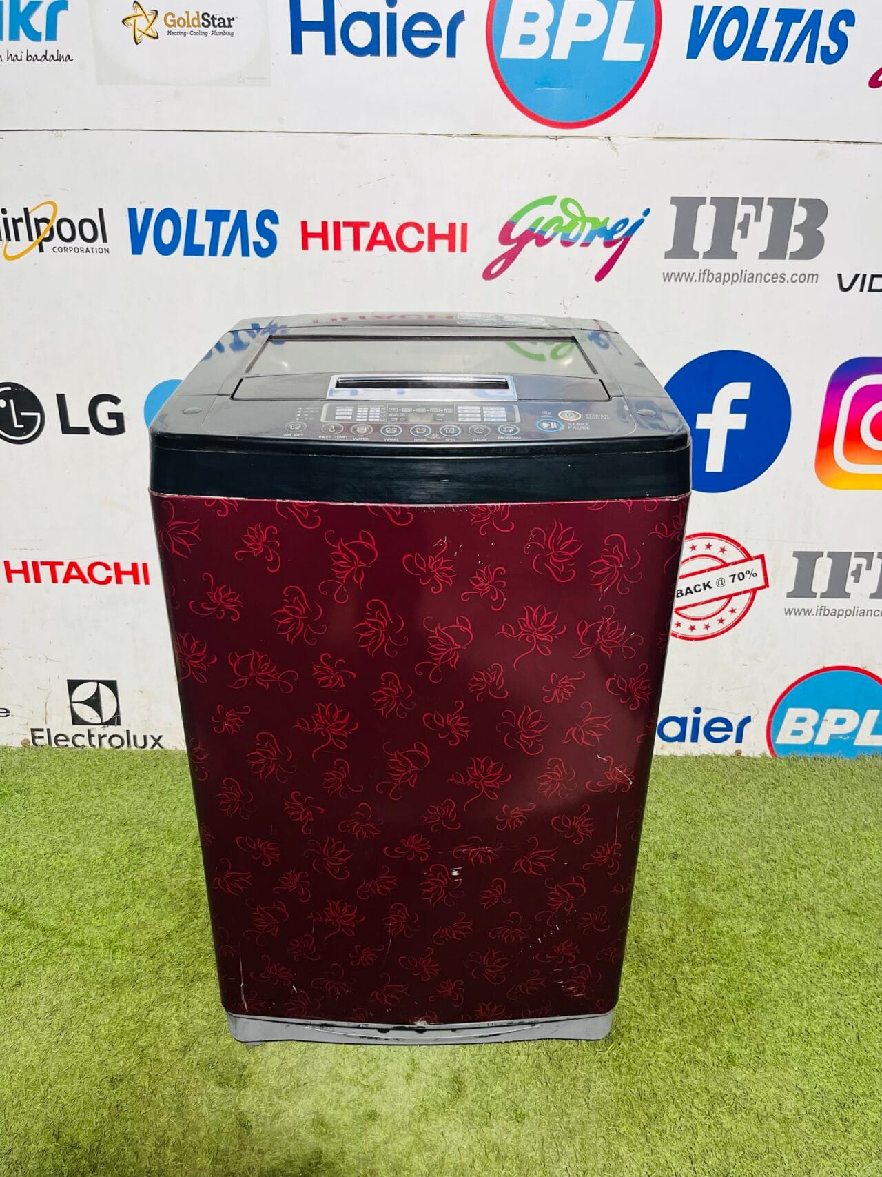 Lg turbo drum 6.5 kg with diamond safety glass door and red flower body gently used fully automatic top load washing machine