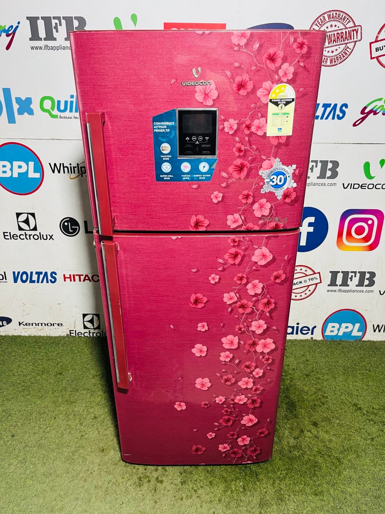 Videocon 3 star rating with worlds coolest-30 degree freezer and digital time display 260 ltr pink flower model inbuilt stabiliser used double door refrigerator