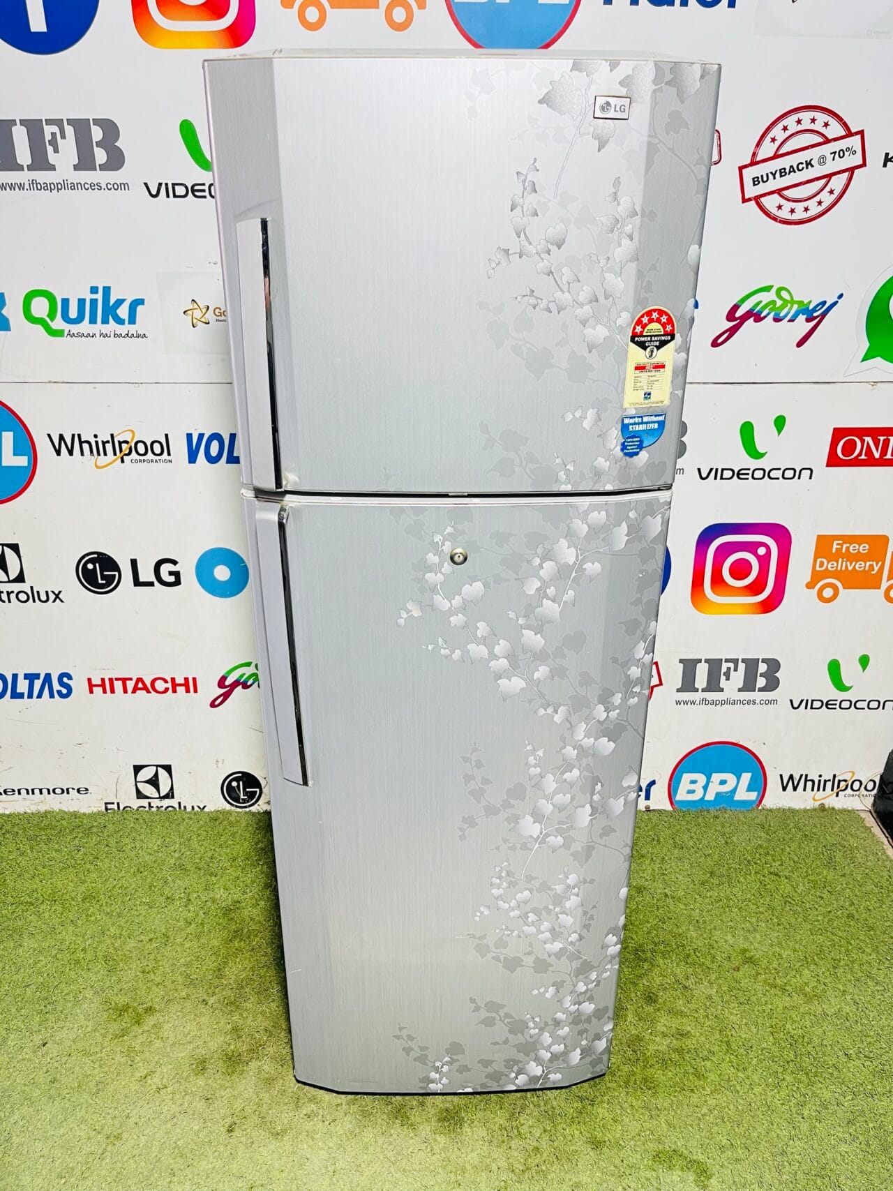 Lg five star energy rating inbuilt stabiliser silver flower model gently used 350 ltr with door key double door refrigerator