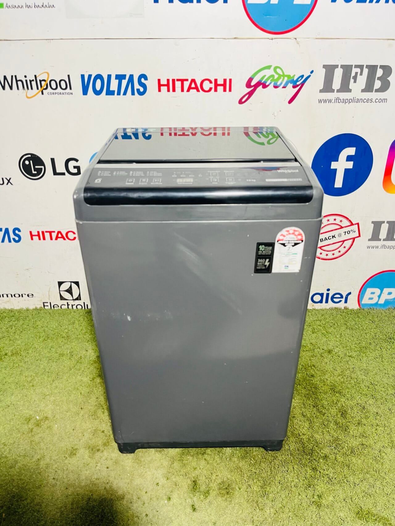 Whirlpool 6th sense white magic premier 5 star energy rating black in colour with auto tub clean,auto restart and multiple washing options 7 kg gently used fully automatic top load washing machine