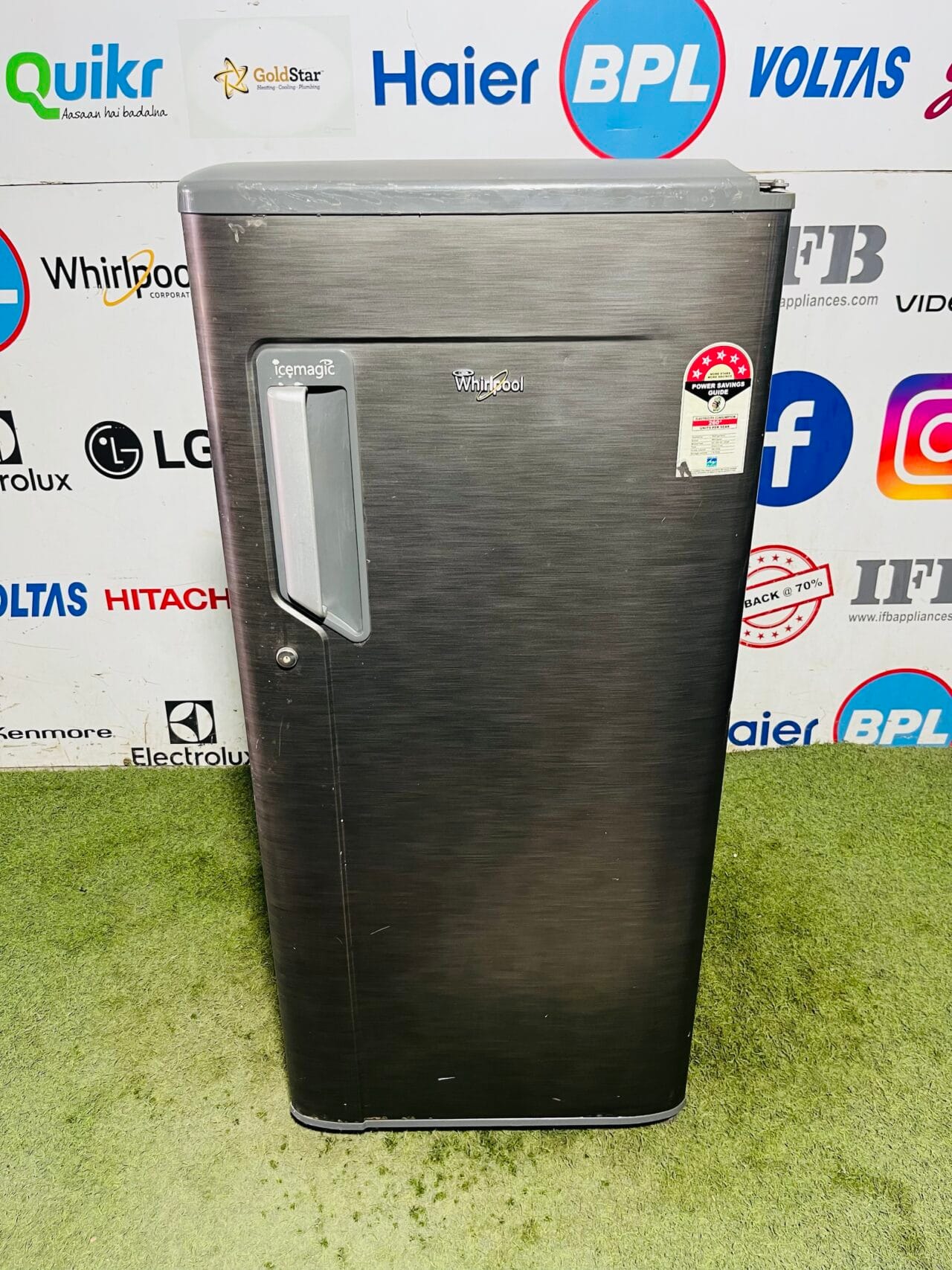 Whirlpool power cool ice magic 5 star energy rating inbuilt stabiliser grey in colour used 190 ltr single door refrigerator