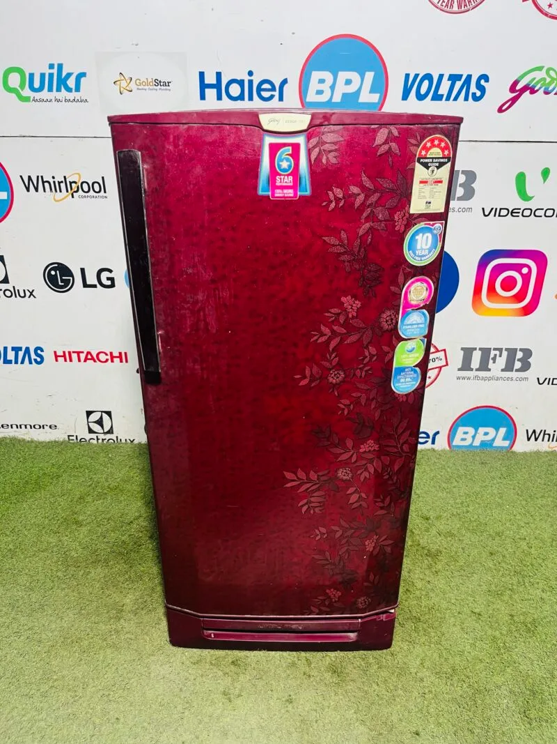 Godrej edge pro 5 star energy rating inbuilt stabiliser with base stand and onion tray 190 ltr gently used red flower model single door refrigerator