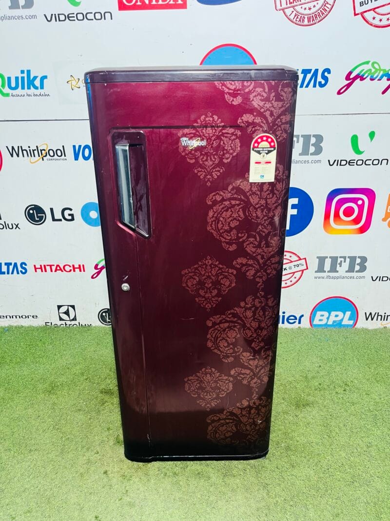 Whirlpool ice magic power cool 5 star energy rating inbuilt stabiliser maroon flower model 190 ltr single door refrigerator