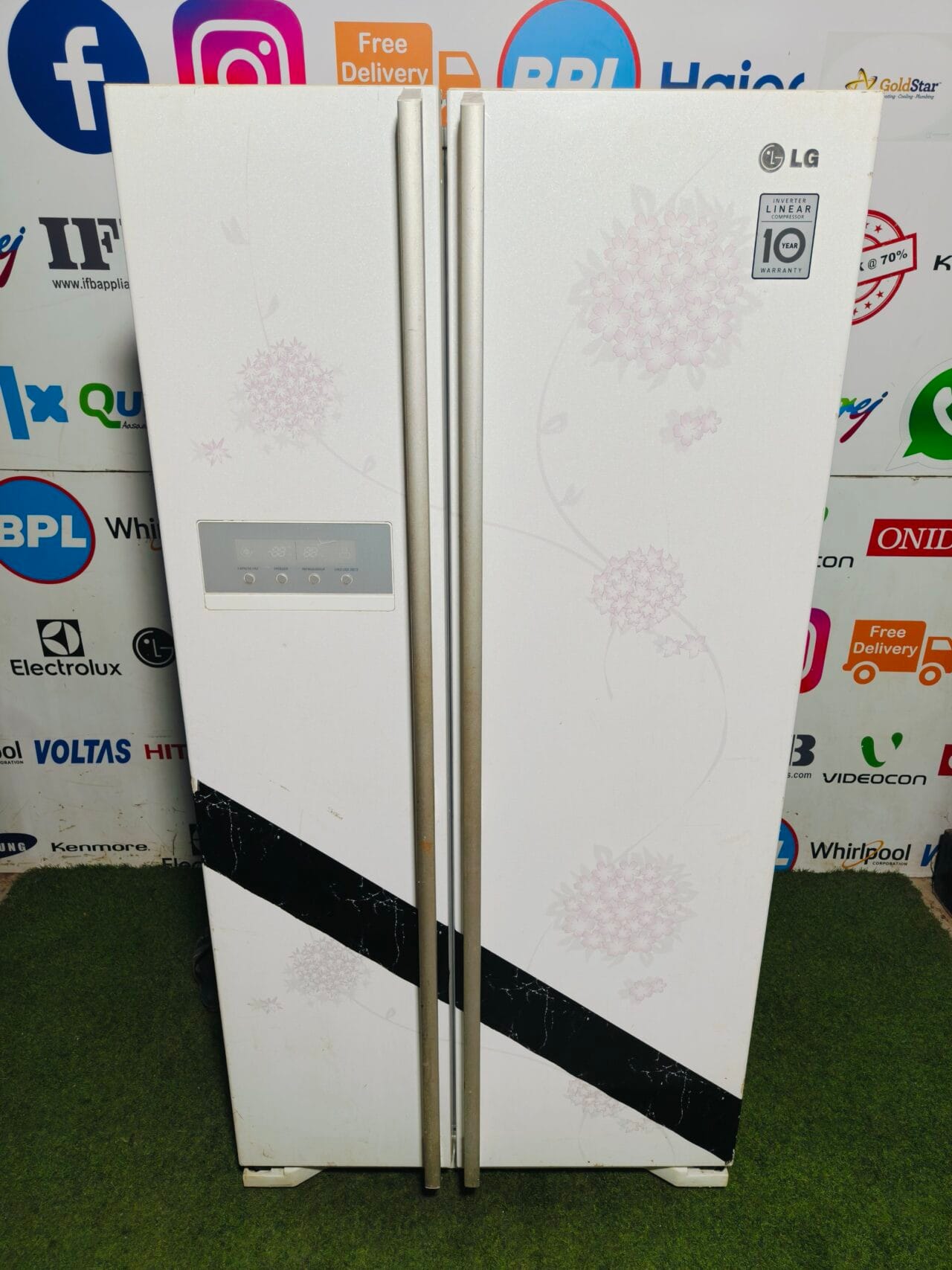 LG linear inverter white and pink flower model with inbuilt inverter and stabiliser 600 big side by side two door refrigerator