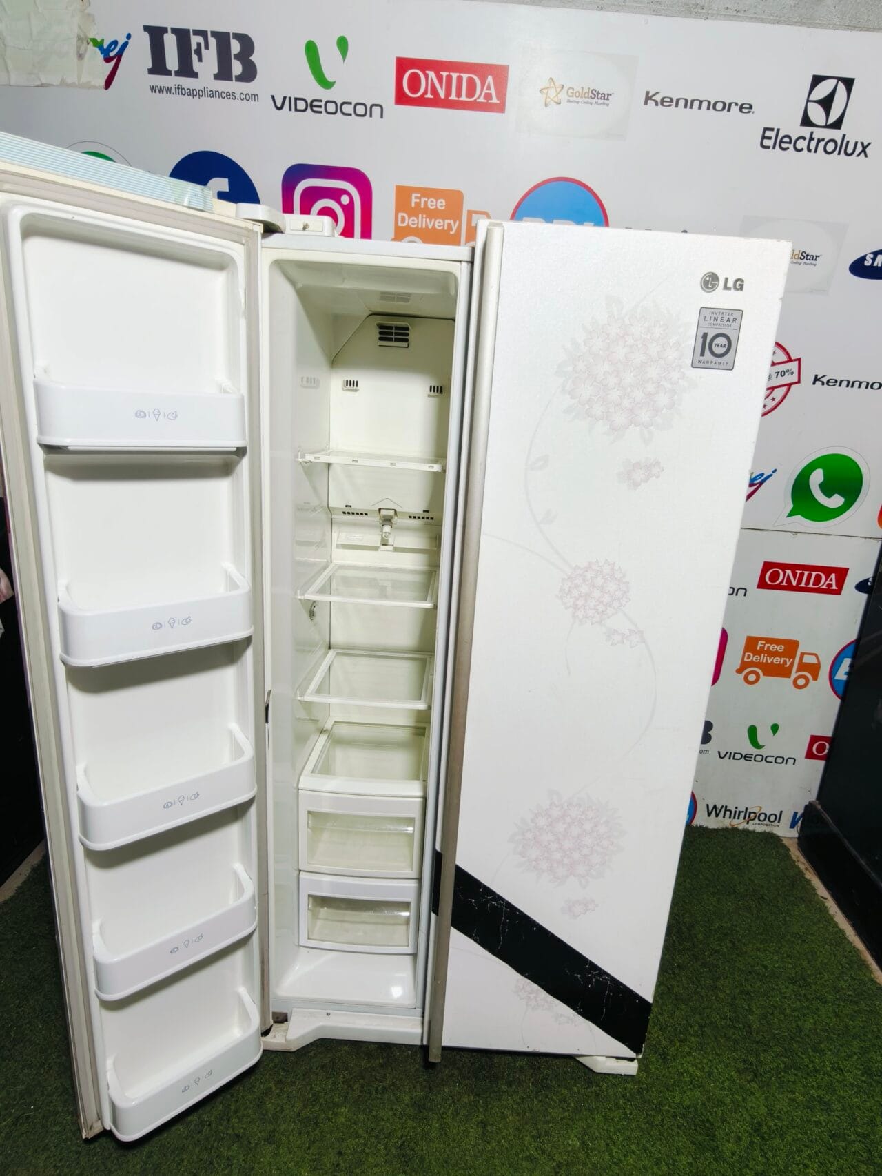 LG linear inverter white and pink flower model with inbuilt inverter and stabiliser 600 big side by side two door refrigerator - Image 4