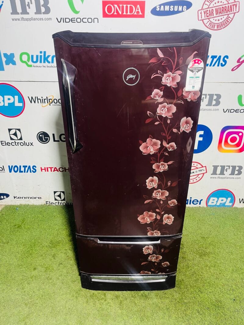 Godrej edge duo 4 star energy rating inbuilt stabiliser with separate vegetable compartment and onion tray 210 ltr gently used flower model two door refrigerator