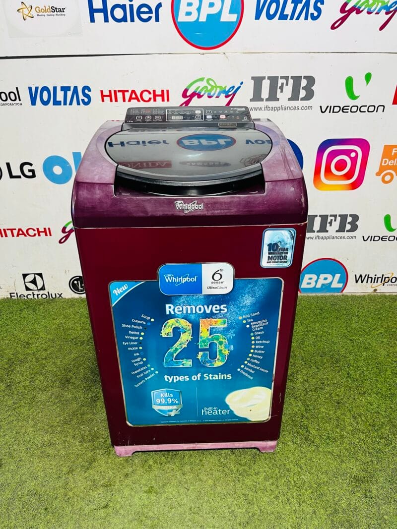 Whirlpool 6th sense stain wash,ultra clean with multiple programs maroon in colour 7.2 kg gently used fully automatic top load washing machine