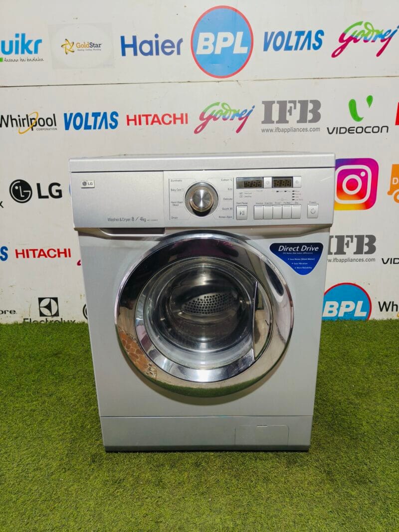 LG 8/4 kg washer and dryer with direct drive motor,less noise,less vibration, and more durability silver in colour gently used fully automatic front load washing machine