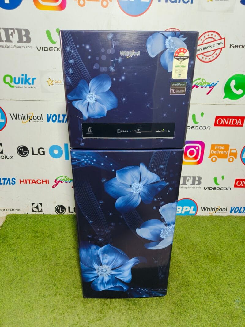 whirlpool 6th sense intellifresh inverter technology 4 star energy rating inbuilt stabiliser blue flower model gently used 240 ltr double door refrigerator