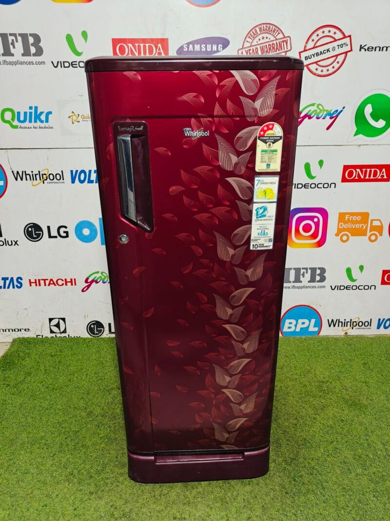 Whirlpool ice magic fresh inbuilt stabilizer with base stand and onion tree 220 lte gently used flower model single door refrigerator