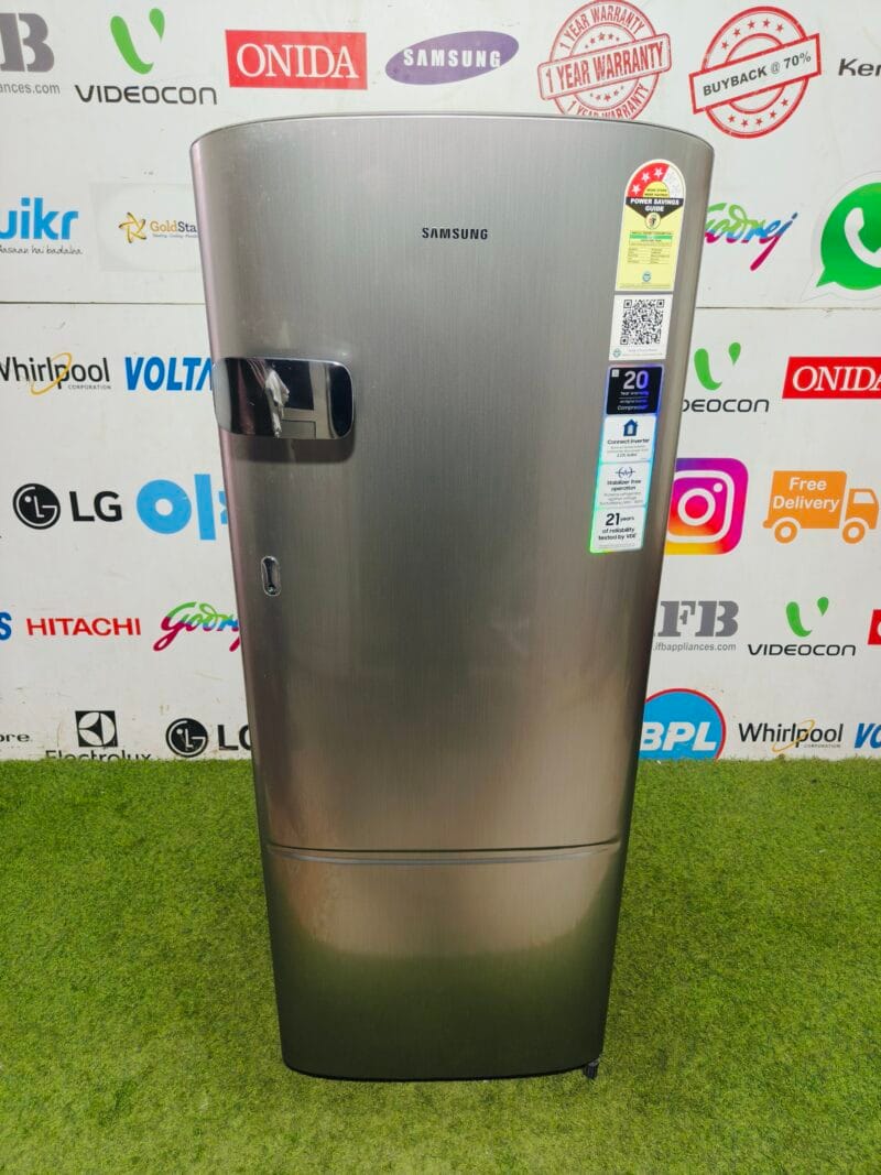 Samsung digital inverter inbuilt stabiliser runs on home inverter 223 ltr steel finish like new condition single door refrigerator