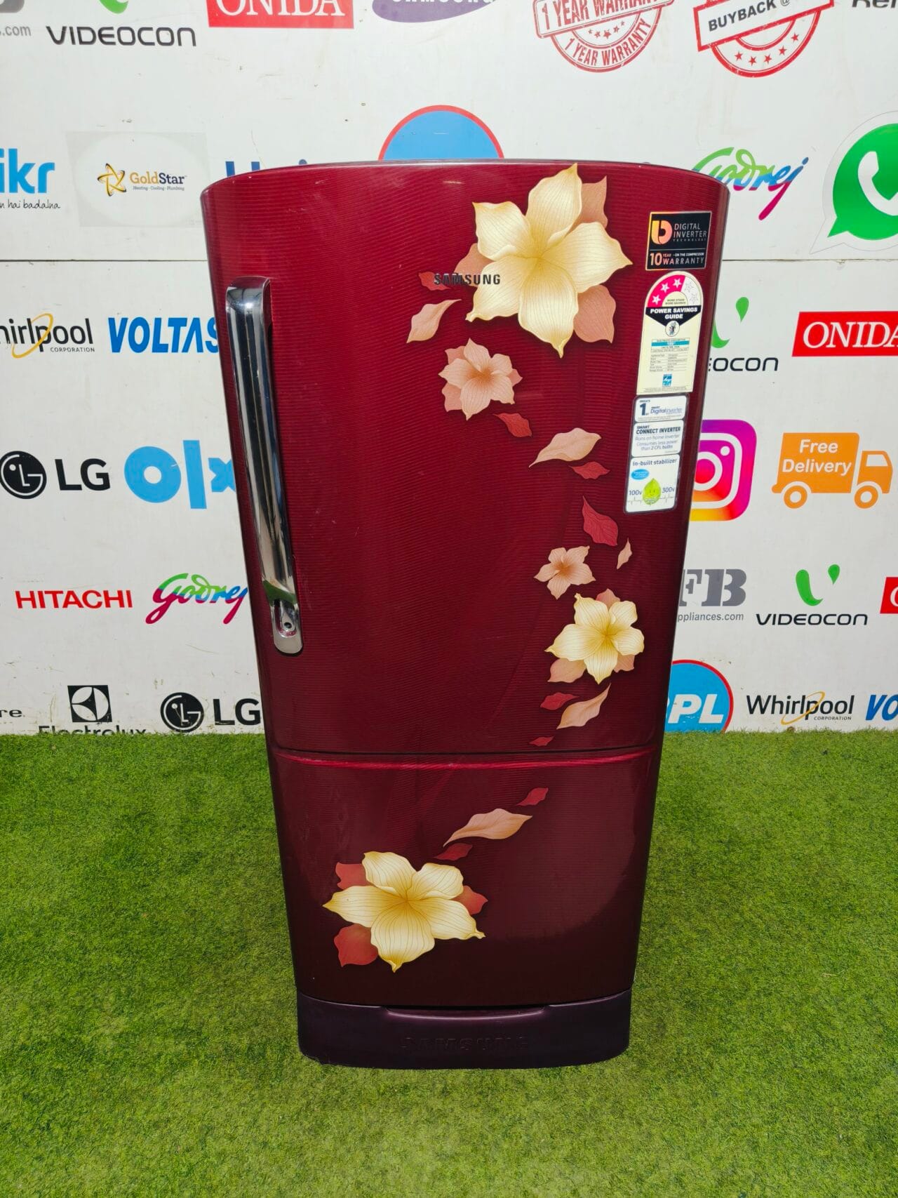 Samsung digital inverter inbuilt stabiliser with base stand and onion tray double colour flower model 190 ltr gently used single door refrigerator