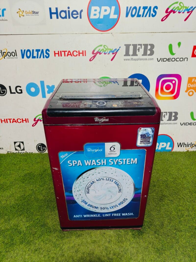 whirlpool 6th sense white magic royale 6.5 kg with auto restart and auto tub clean double colour fully automatic used top load washing machine