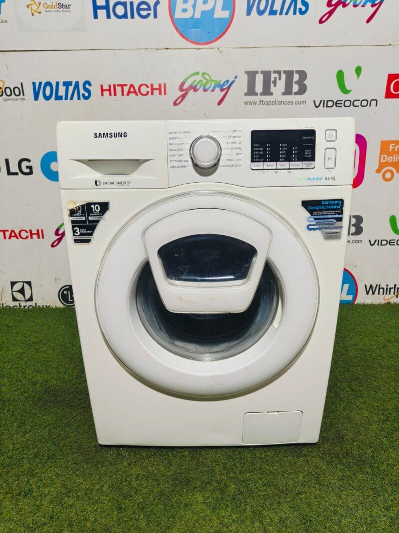 Samsung digital inverter eco bubble technology with ceramic heater fully white in colour 8 kg gently used fully automatic front load washing machine
