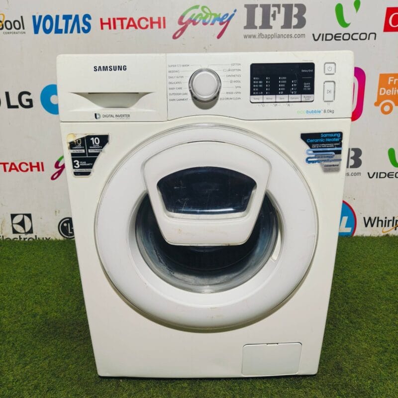 Samsung digital inverter eco bubble technology with ceramic heater fully white in colour 8 kg gently used fully automatic front load washing machine (Refurbished)