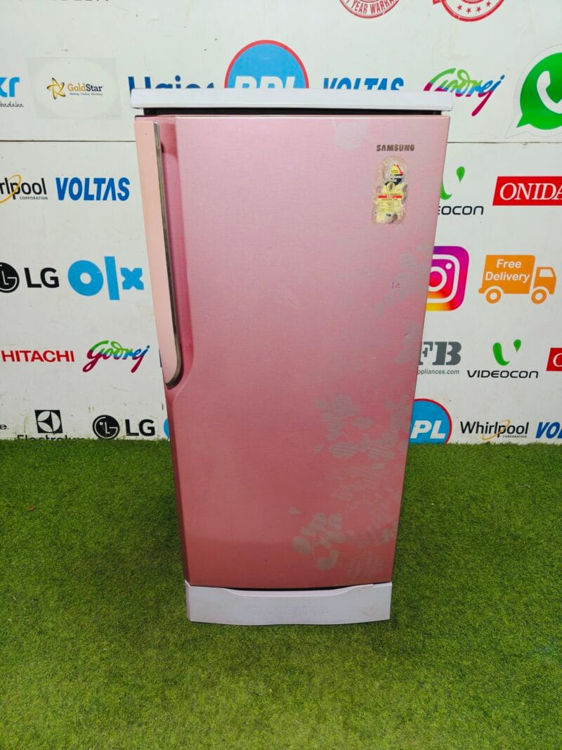 Samsung five star energy rating inbuilt stabiliser pink flower model 190 lte with base stand and onion tray gently used single door refrigerator