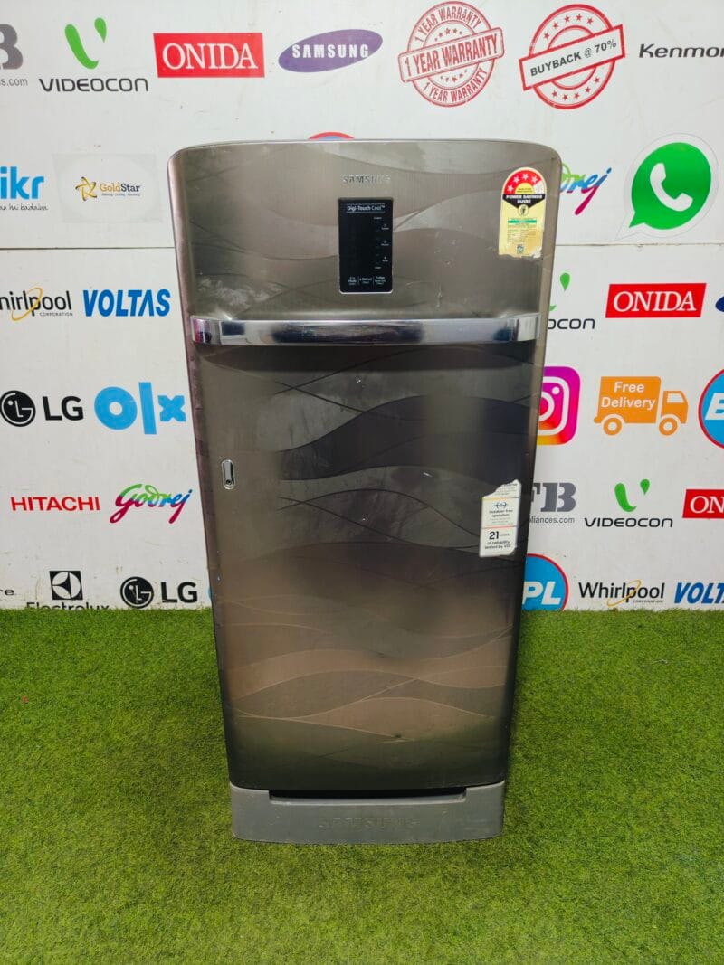 Samsung digital inverter with digital display 4 star energy rating inbuilt stabiliser steel finish 200 lte with base stand and onion tray gently used single door refrigerator
