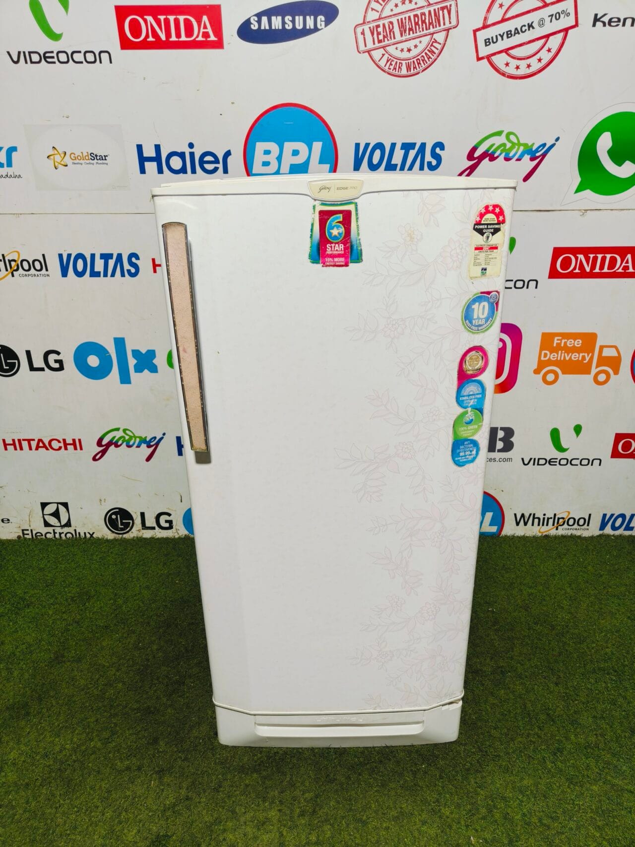 Godrej edge Pro 5 star energy rating white flower model with base stand and onion tray 190 l gently used single door refrigerator