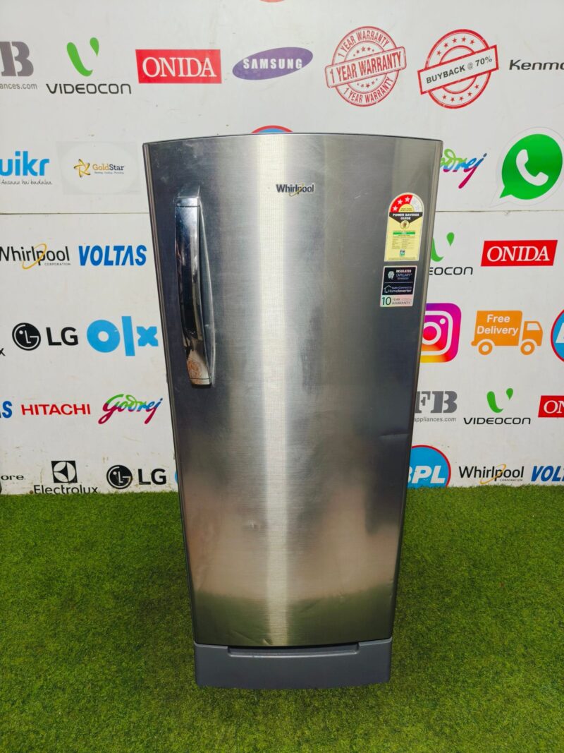 whirlpool home connect digital inverter with insulated capillary technology steel finish 210 lte with base stand and onion tray gently used single door refrigerator (Refurbished)