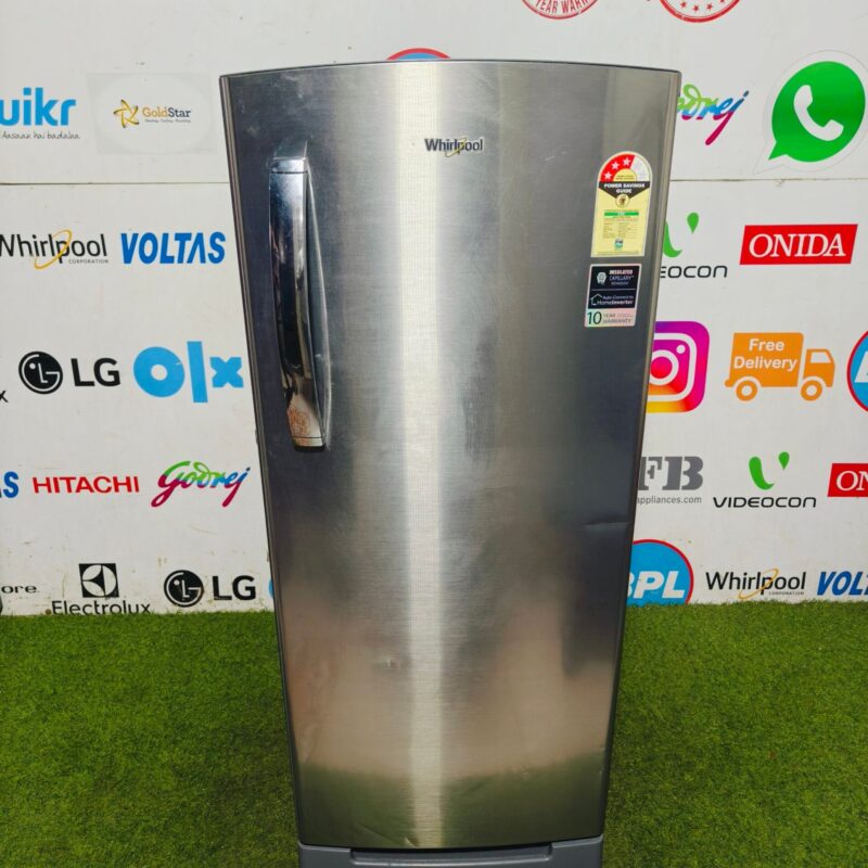 whirlpool home connect digital inverter with insulated capillary technology steel finish 210 lte with base stand and onion tray gently used single door refrigerator (Refurbished)