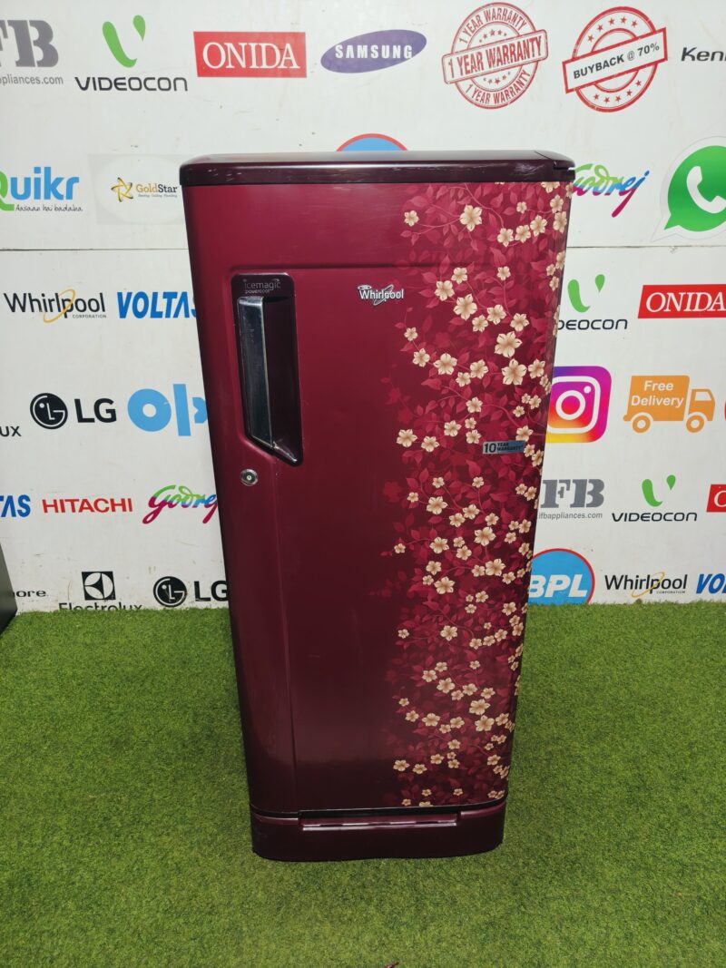 whirlpool power cool ice magic 5 star energy rating inbuilt stabiliser with base stand and onion tray 190 lte flower model single door refrigerator