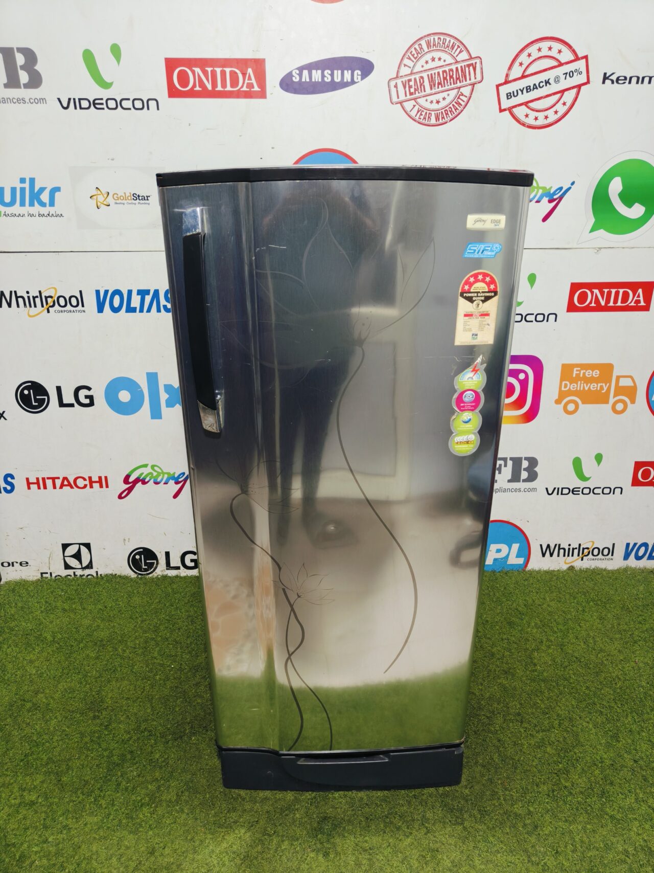 Godrej edge 5 star energy rating inbuilt stabiliser with base stand and onion tray 210 lte gently used steel finish flower model single door refrigerator