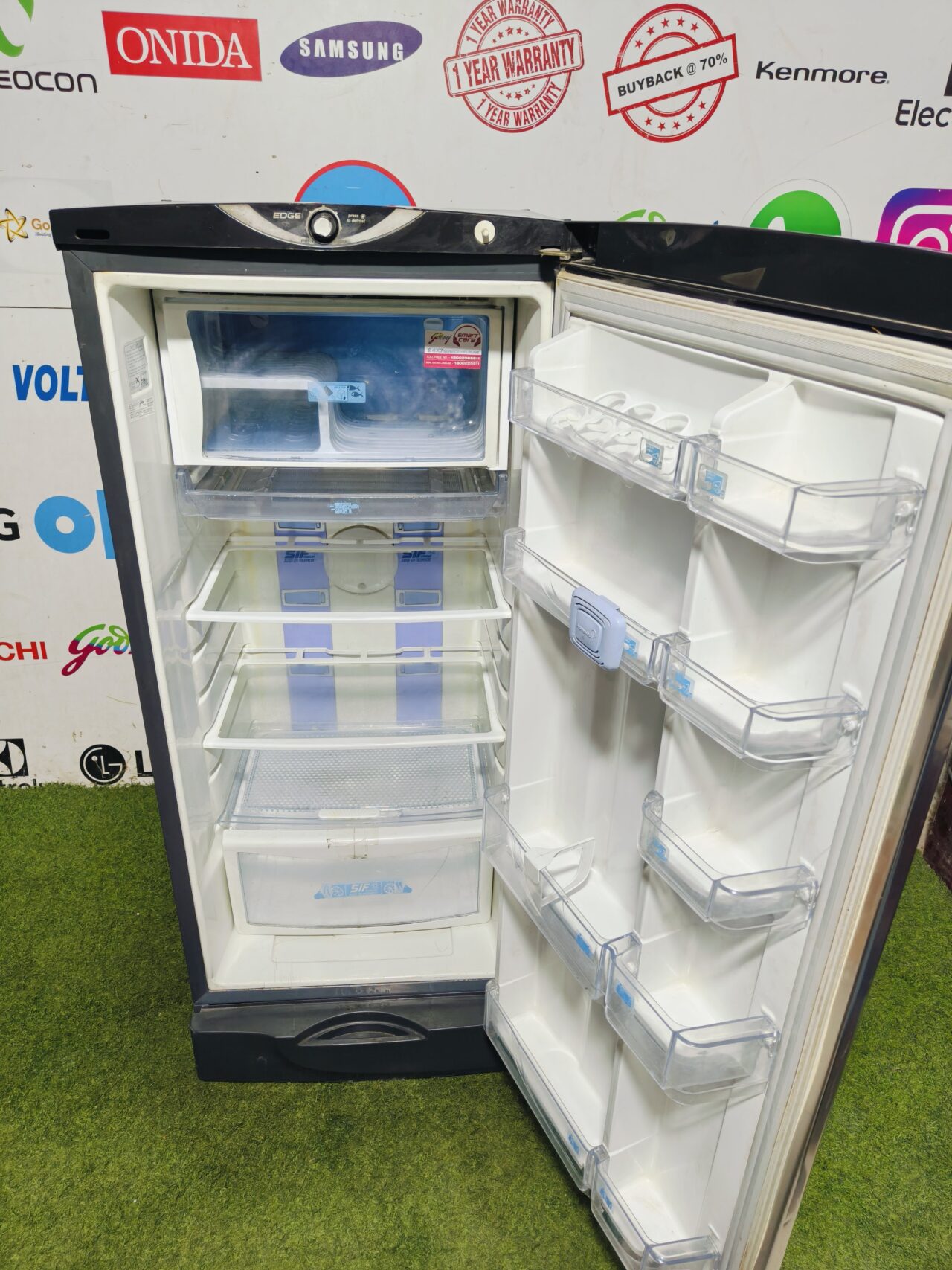 Godrej edge 5 star energy rating inbuilt stabiliser with base stand and onion tray 210 lte gently used steel finish flower model single door refrigerator - Image 3