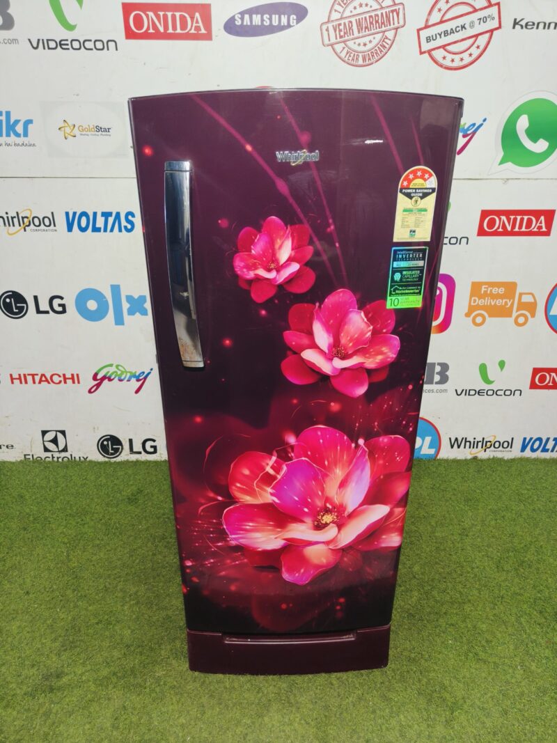 Whirlpool home connect intelli sense inverter technology with 3D flower printed door includes base stand and onion tray 210 lte gently used single door refrigerator (Refurbished)