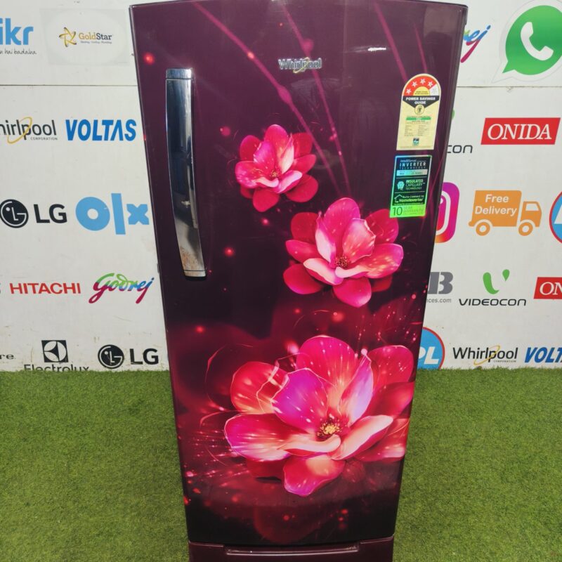 Whirlpool home connect intelli sense inverter technology with 3D flower printed door includes base stand and onion tray 210 lte gently used single door refrigerator (Refurbished)