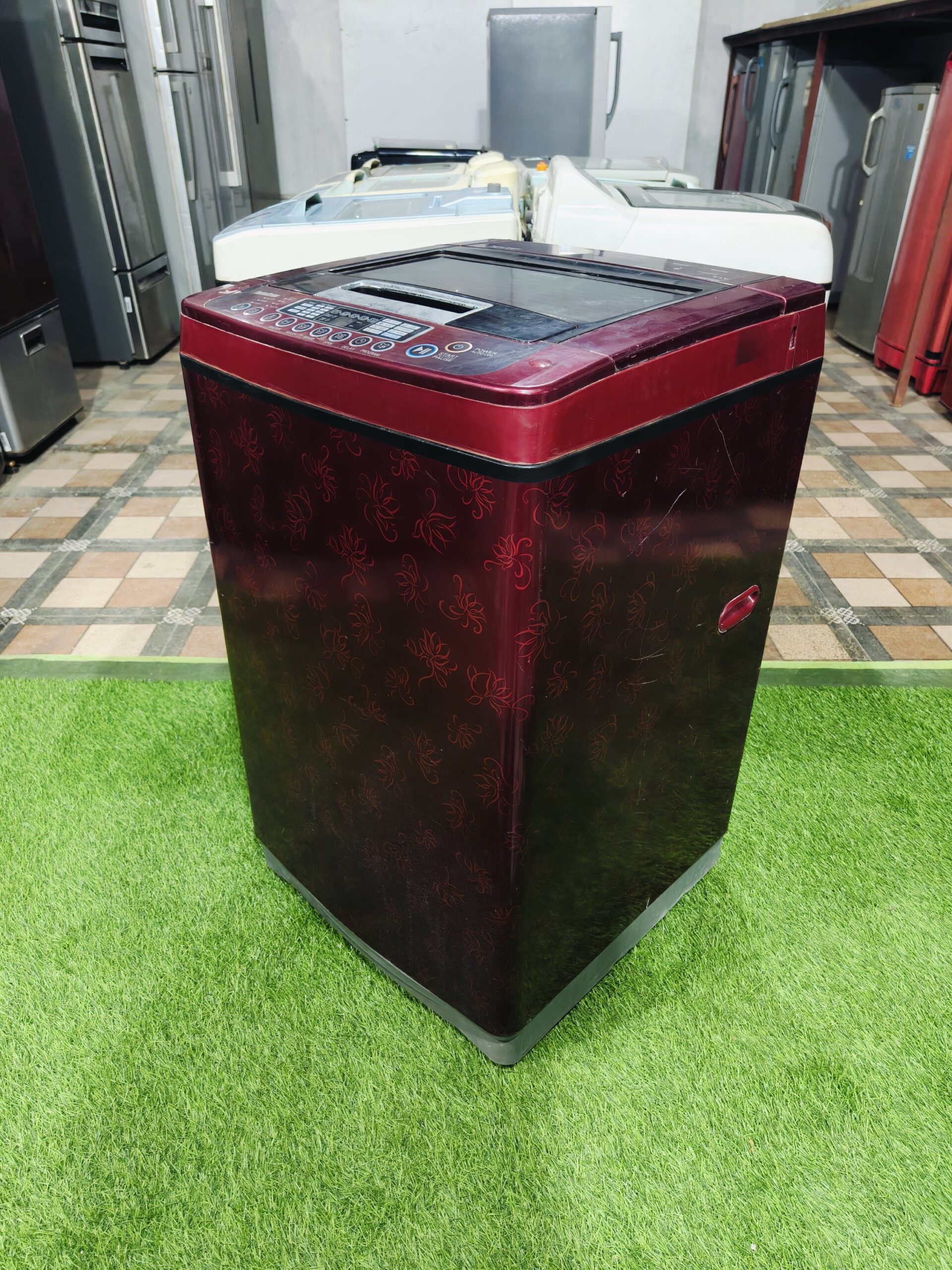 LG fuzzy logic turbo drum 7 kg red flower model gently used fully automatic top load washing machine - Image 5