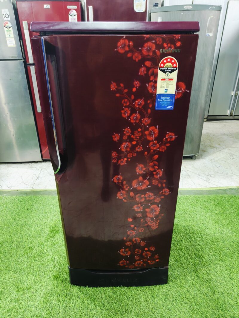 Samsung 5 star energy rating works without stabilizer 190 ltr with base stand and onion tray red flower model single door refrigerator