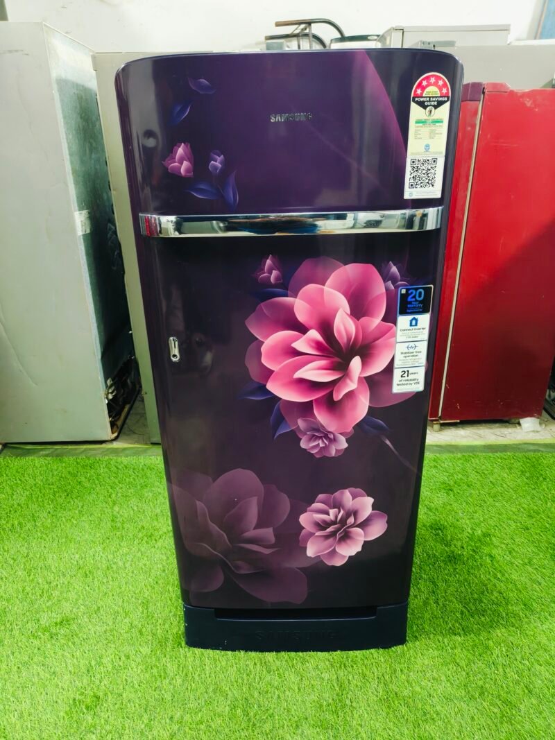 Samsung home connect digital inverter 5 star energy rating pink flower model with base stand and onion tray 190 ltr like new condition single door refrigerator